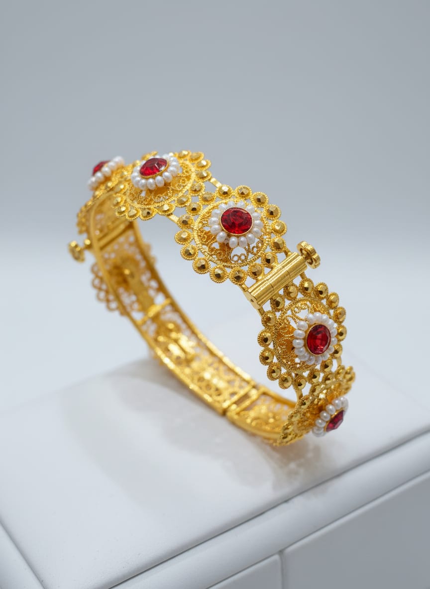 21 Karat Gold Ruby Floral Bangle – 33.4g