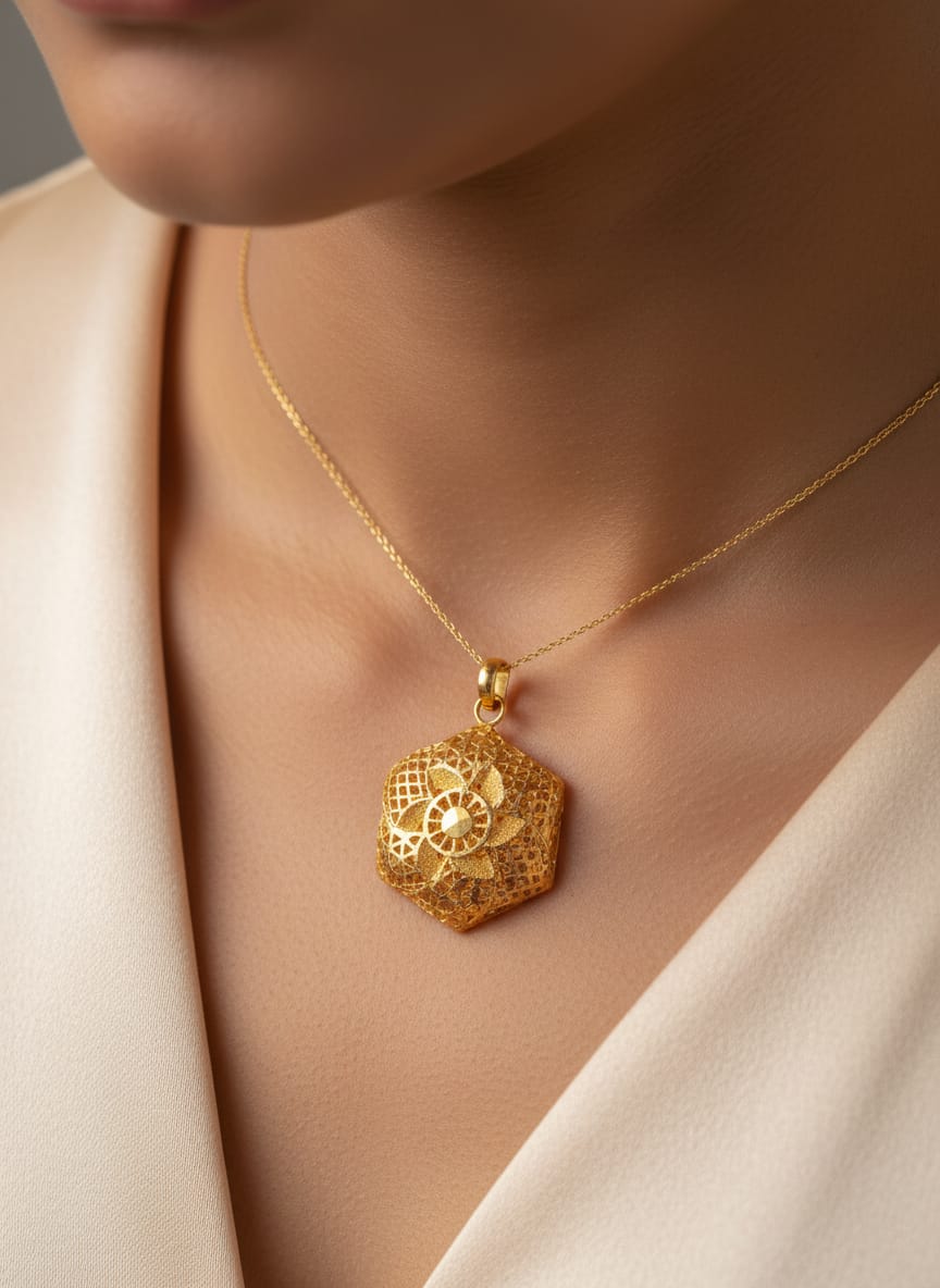 21 Karat Gold Floral Hexagon Pendant – 4.23g