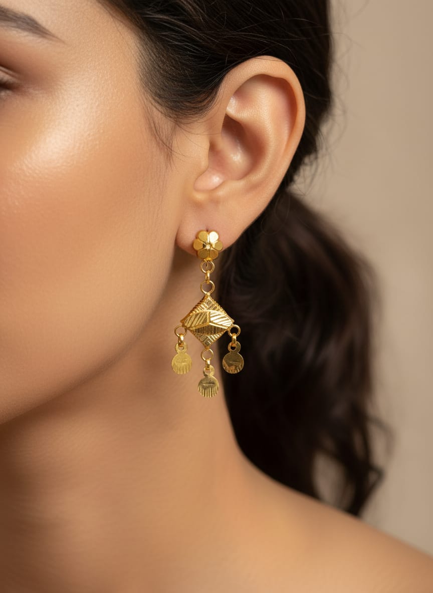 22 Karat Gold Floral Geometric Drop Earrings – 1.94g