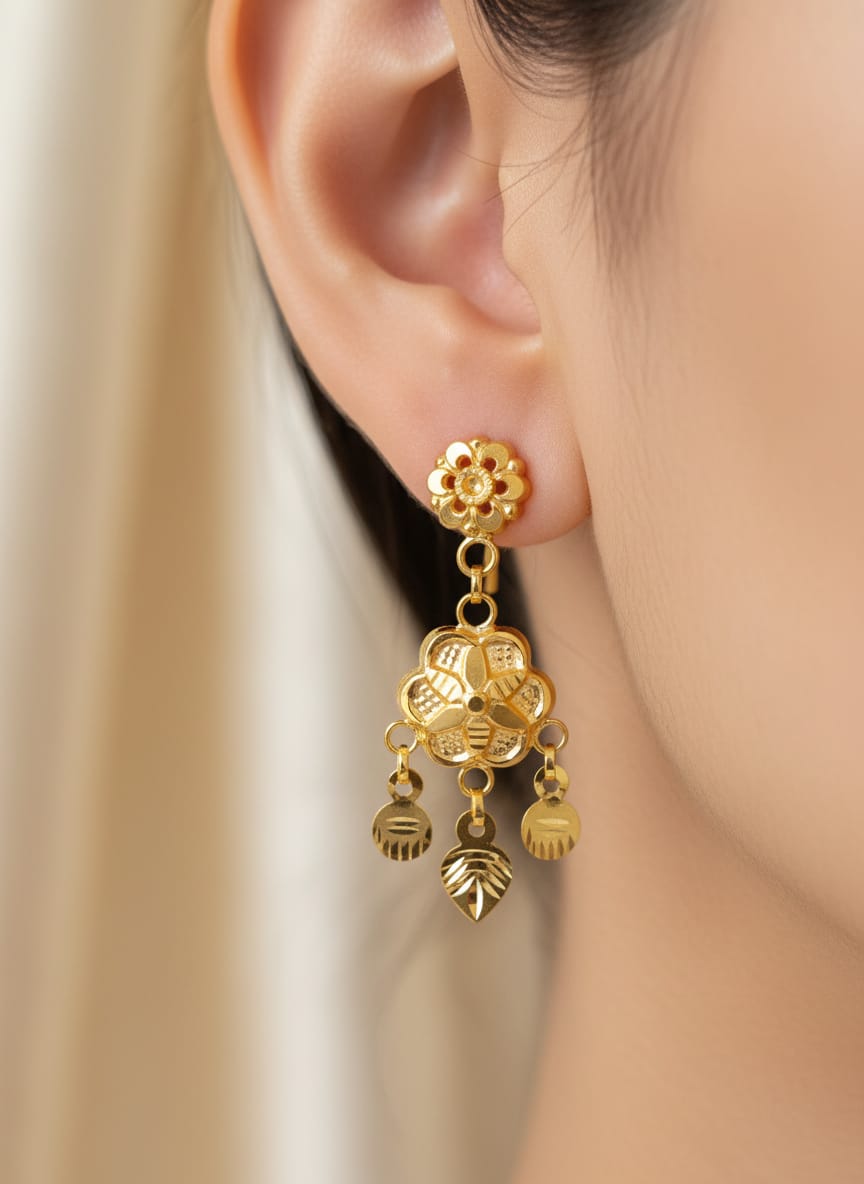 22 Karat Gold Floral Drop Charm Earrings – 2.19g